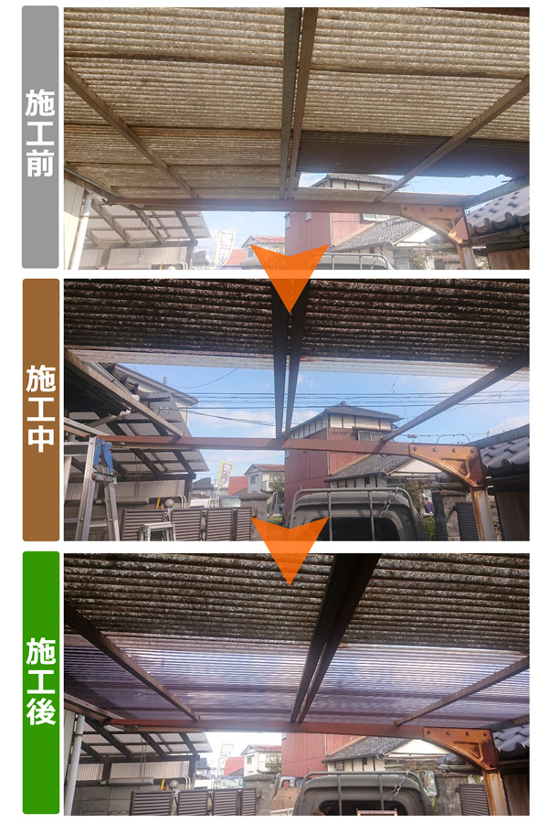 便利屋サンキュー仙台本店のカーポート屋根の波板部分張替え（部分補修）施工を株から撮影