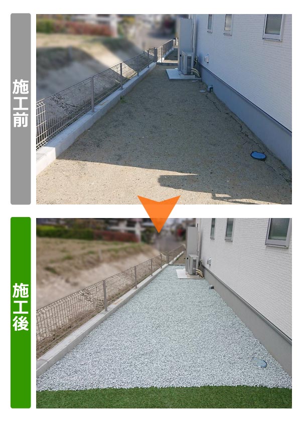 仙台市太白区の新築住宅お庭の人工芝施工、家の外周（犬走り）の砂利敷き事例
