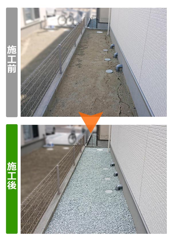 仙台市太白区の新築住宅お庭の人工芝施工、家の外周（犬走り）の砂利敷き事例