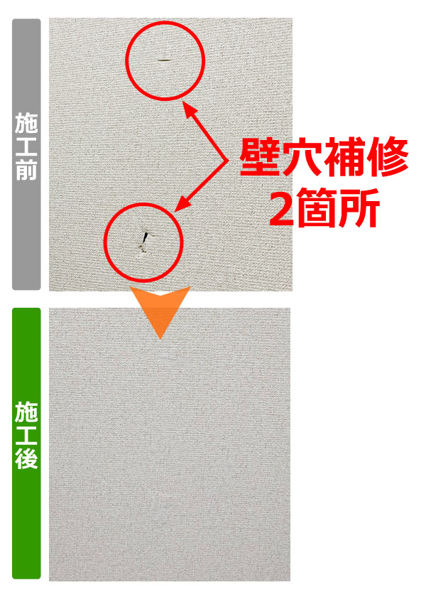 仙台市青葉区の賃貸アパートで、掃除機をぶつけて開けてしまった壁穴2箇所の補修を行いました。