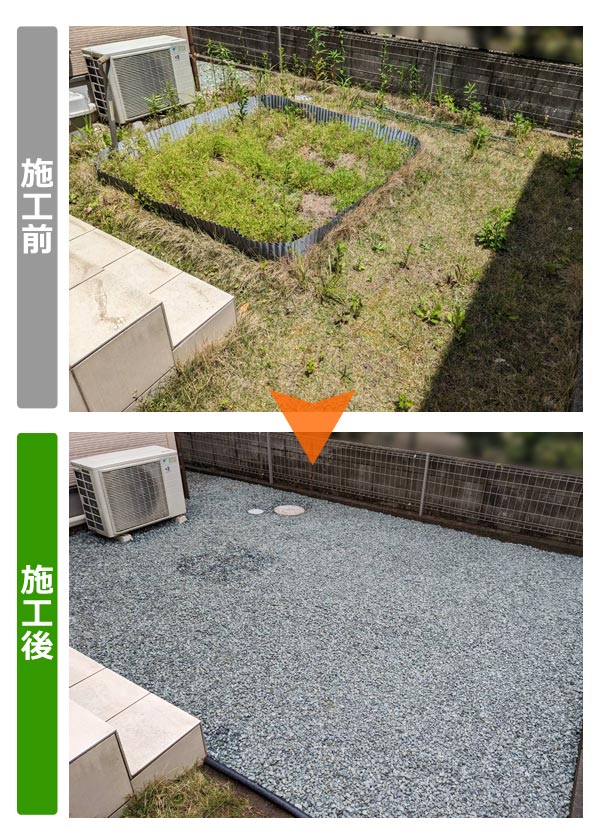 便利屋サンキュー仙台本店の業務報告（2023年6月15日）仙台市泉区のお客様宅で、お庭の畑（家庭菜園）と天然芝を撤去して、砂利敷き施行を行いました。