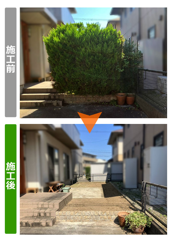 便利屋サンキュー仙台本店の業務報告（2023年10月3日）仙台市太白区のお得意様宅でお庭の庭木撤去処分、整地作業を行いました。