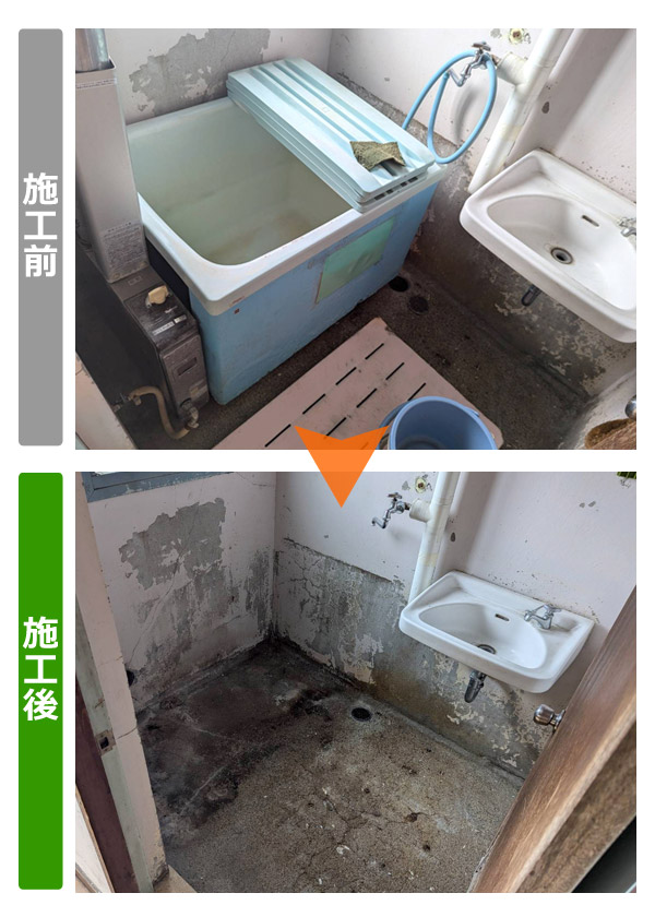 仙台市宮城野区の市営住宅で風呂釜撤去を行った浴室の施工前後
