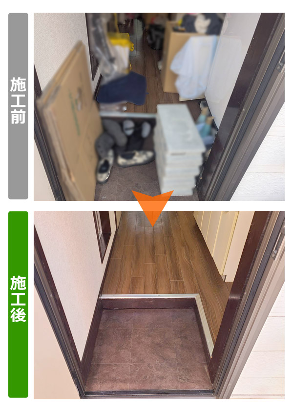 仙台市青葉区 アパート汚部屋片付け・残置物全撤去・ハウスクリーニング 施工前後の玄関・キッチン写真