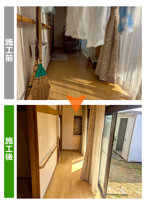 仙台市太白区の一軒家（5DK）と物置２つの家財全撤去完了した廊下のビフォアアフター写真