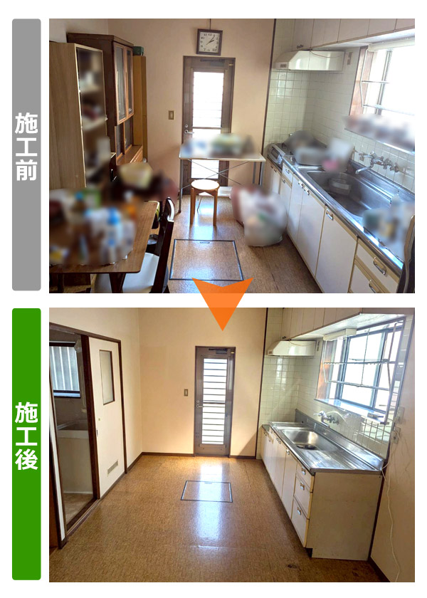 仙台市太白区の一軒家（5DK）と物置２つの家財全撤去完了したキッチンのビフォアアフター写真