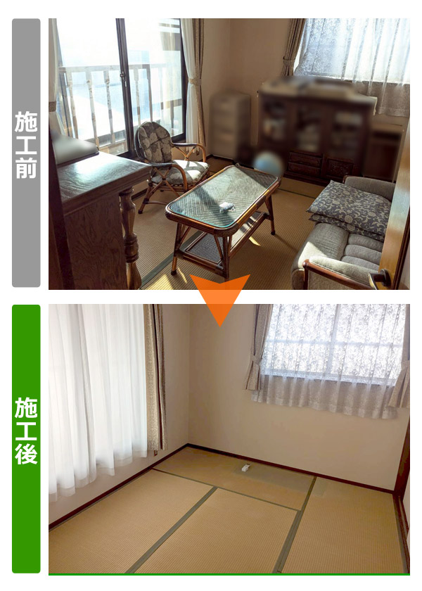 仙台市太白区の一軒家（5DK）と物置２つの家財全撤去完了した和室のビフォアアフター写真